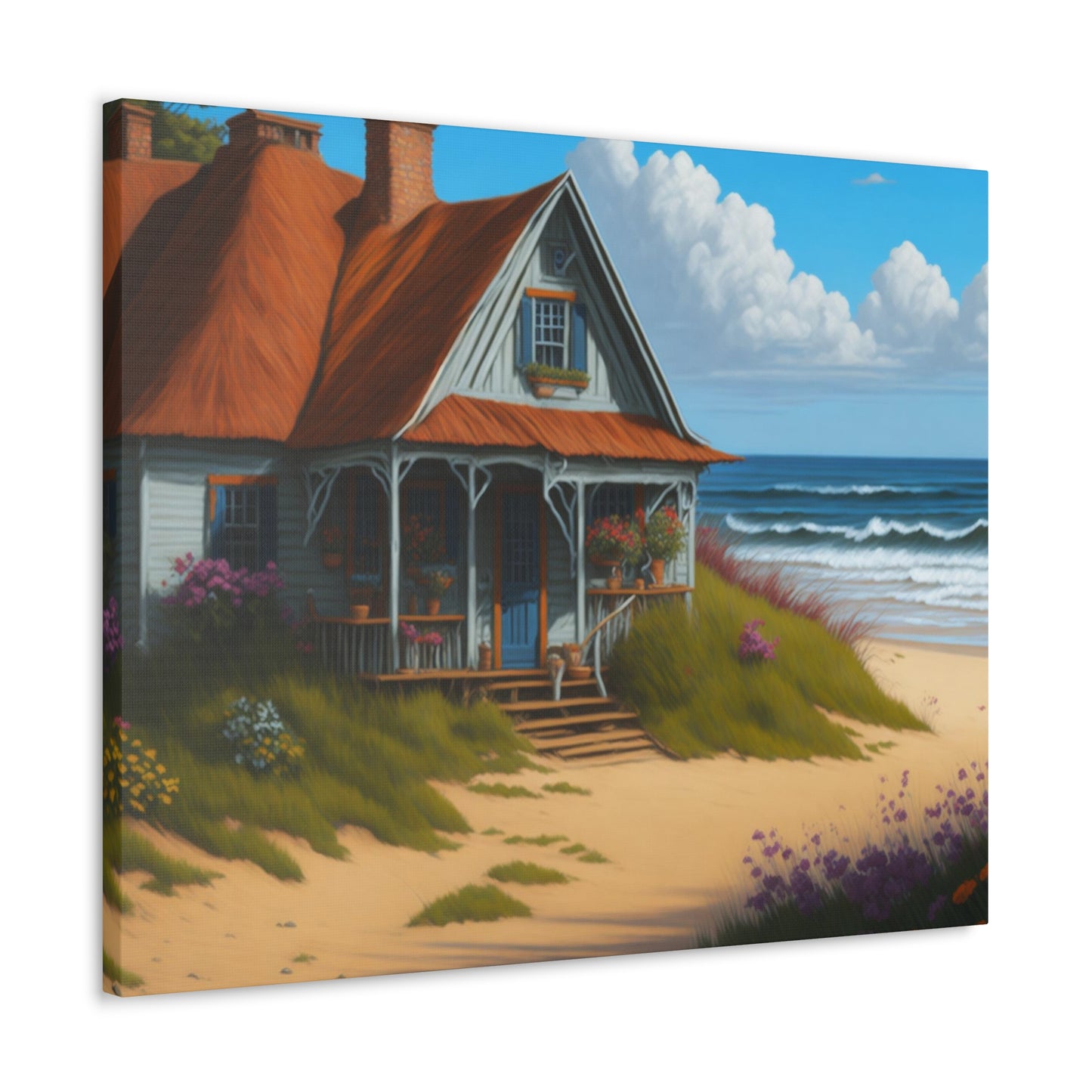 Coastal Retreat: Beach Cottage Canvas Wrap, Idyllic Coastal Landscapes, Serene Ocean Views, and Beachside Escapes, Sand Beaches.