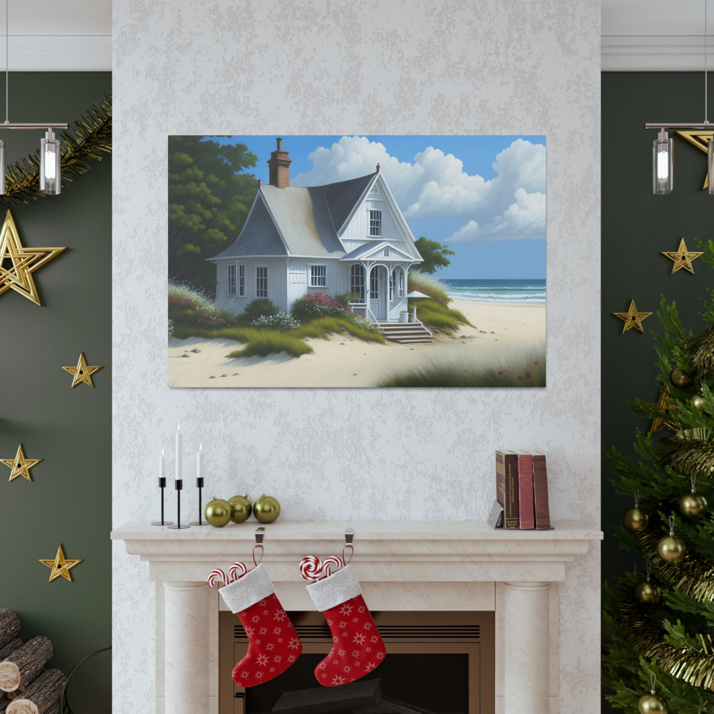 Coastal Retreat: Beach Cottage Canvas Wrap, Idyllic Coastal Landscapes, Serene Ocean Views, and Beachside Escapes, Sand Beaches.