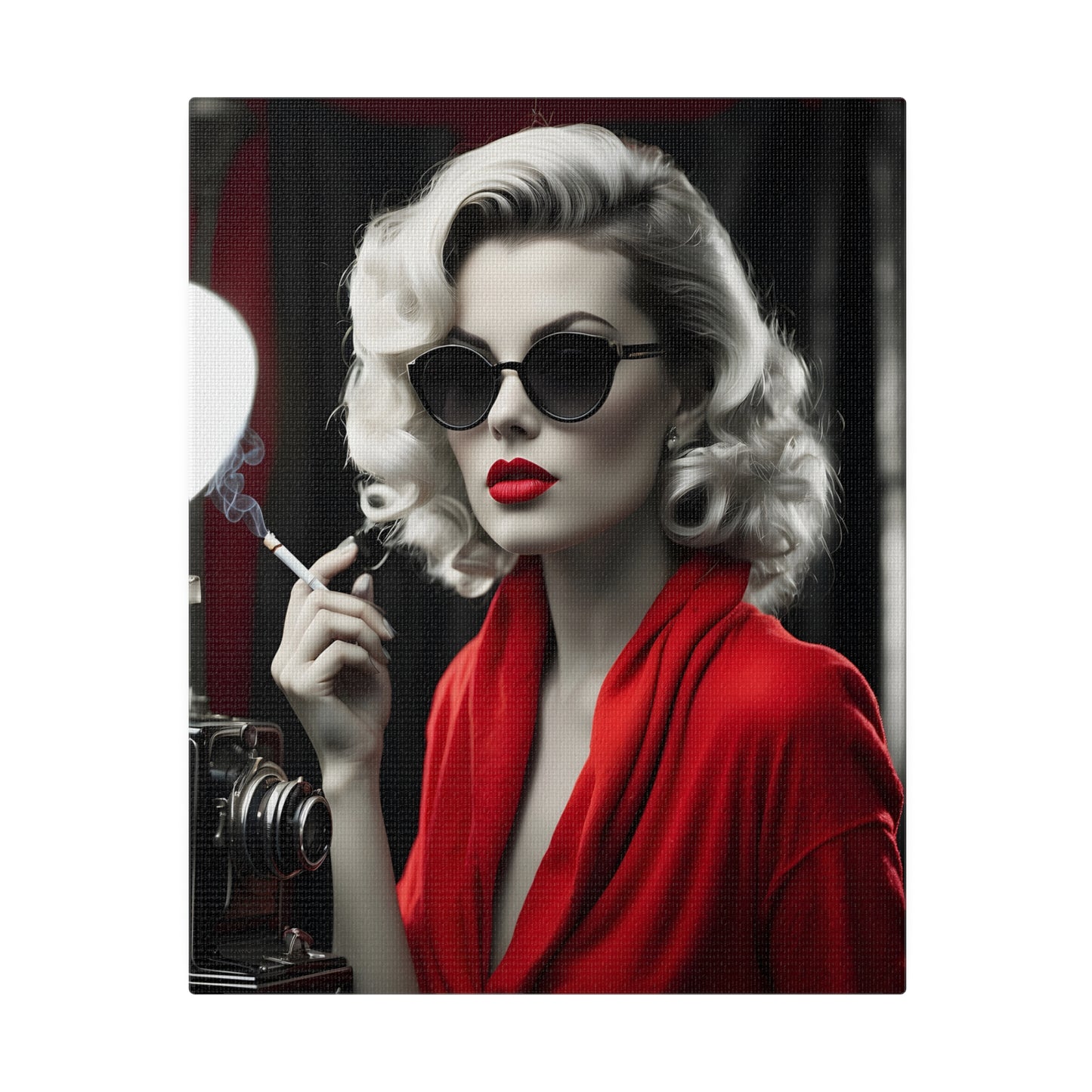 Classic Hollywood Glamour - Timeless Beauty in Red Canvas Print - Vintage-Inspired Starlet with Camera - Available from 8x10 to 32x48 inches