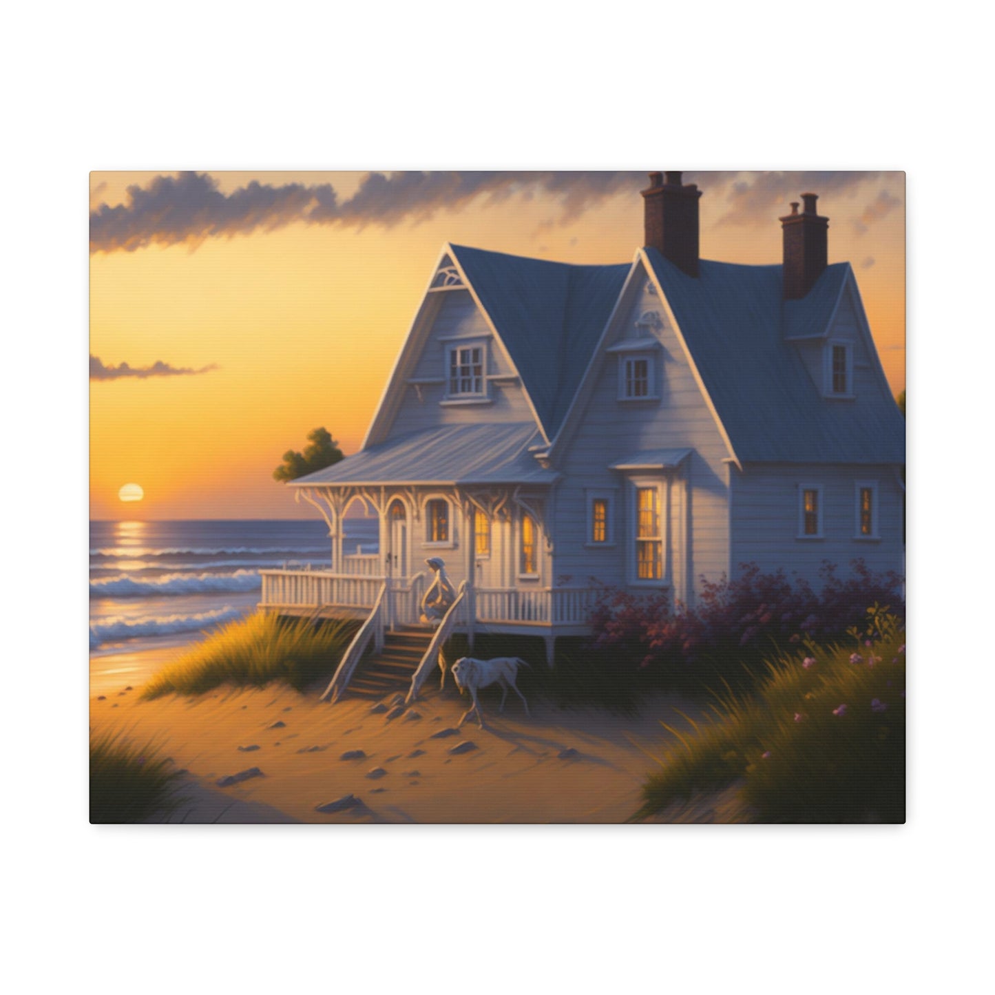 Coastal Retreat: Beach Cottage Canvas Wrap, Idyllic Coastal Landscapes, Serene Ocean Views, and Beachside Escapes, Sandy Beaches.