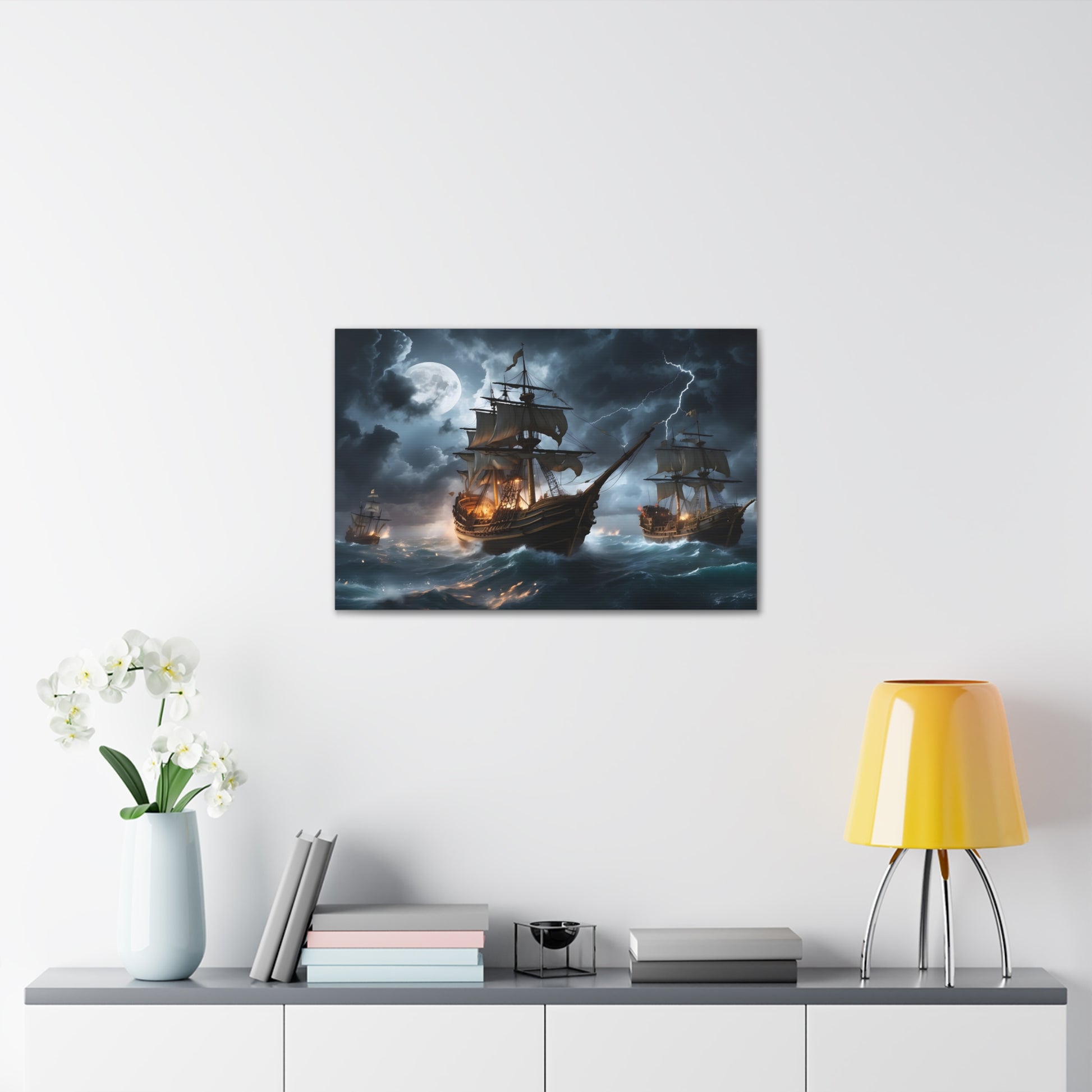 A canvas wrapped print  with the image of vintage tall ships in a battle at sea during a intense storm. 