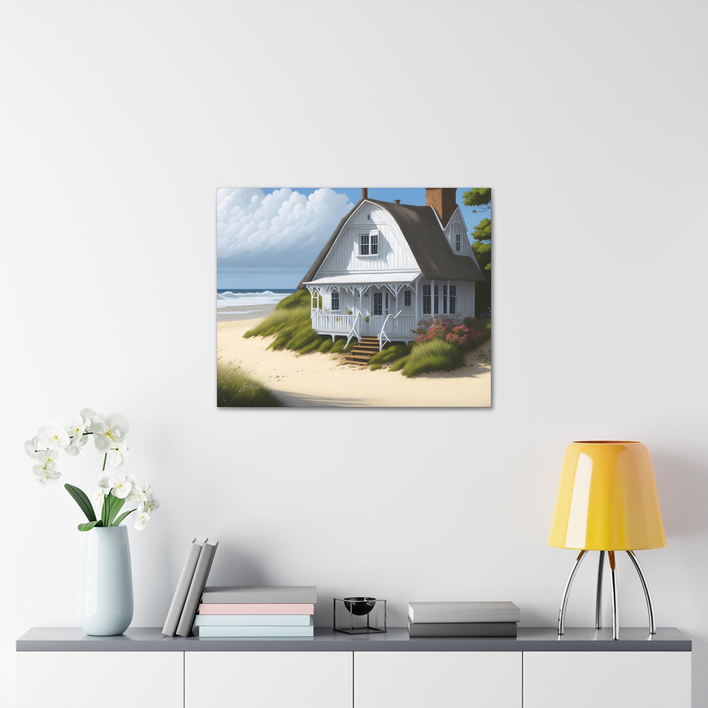 Coastal Retreat: Beach Cottage Canvas Wrap, Idyllic Coastal Landscapes, Serene Ocean Views, and Beachside Escapes.