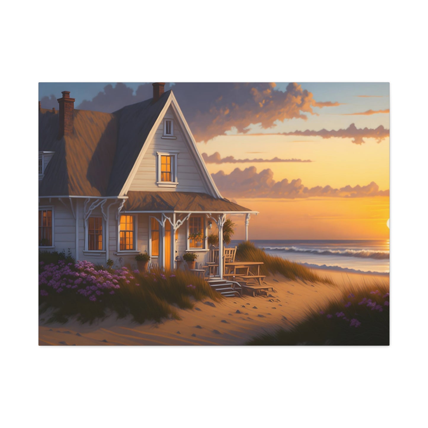 Coastal Retreat: Beach Cottage Canvas Wrap, Idyllic Coastal Landscapes, Serene Ocean Views, and Beachside Escapes Canvas Wrap Art