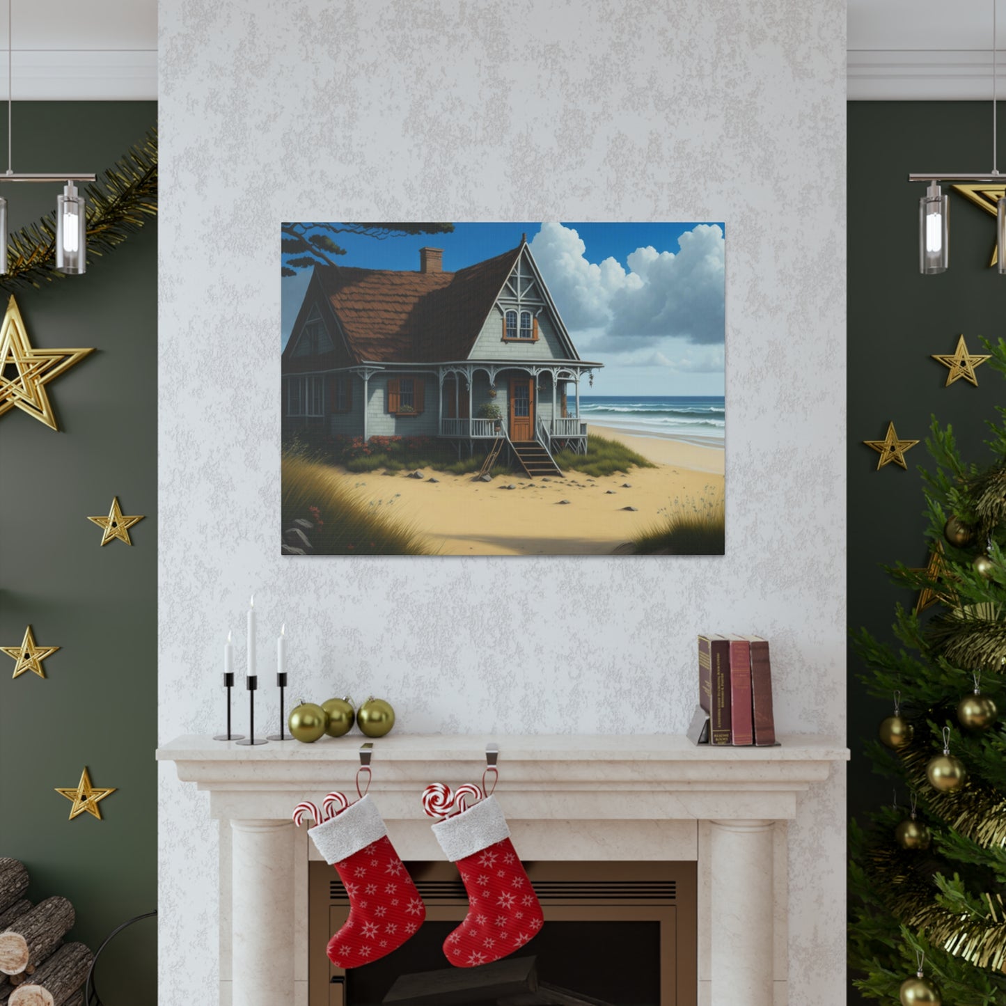 Coastal Retreat: Beach Cottage Canvas Wrap, Idyllic Coastal Landscapes, Serene Ocean Views, and Beachside Escapes, Sand Beaches.