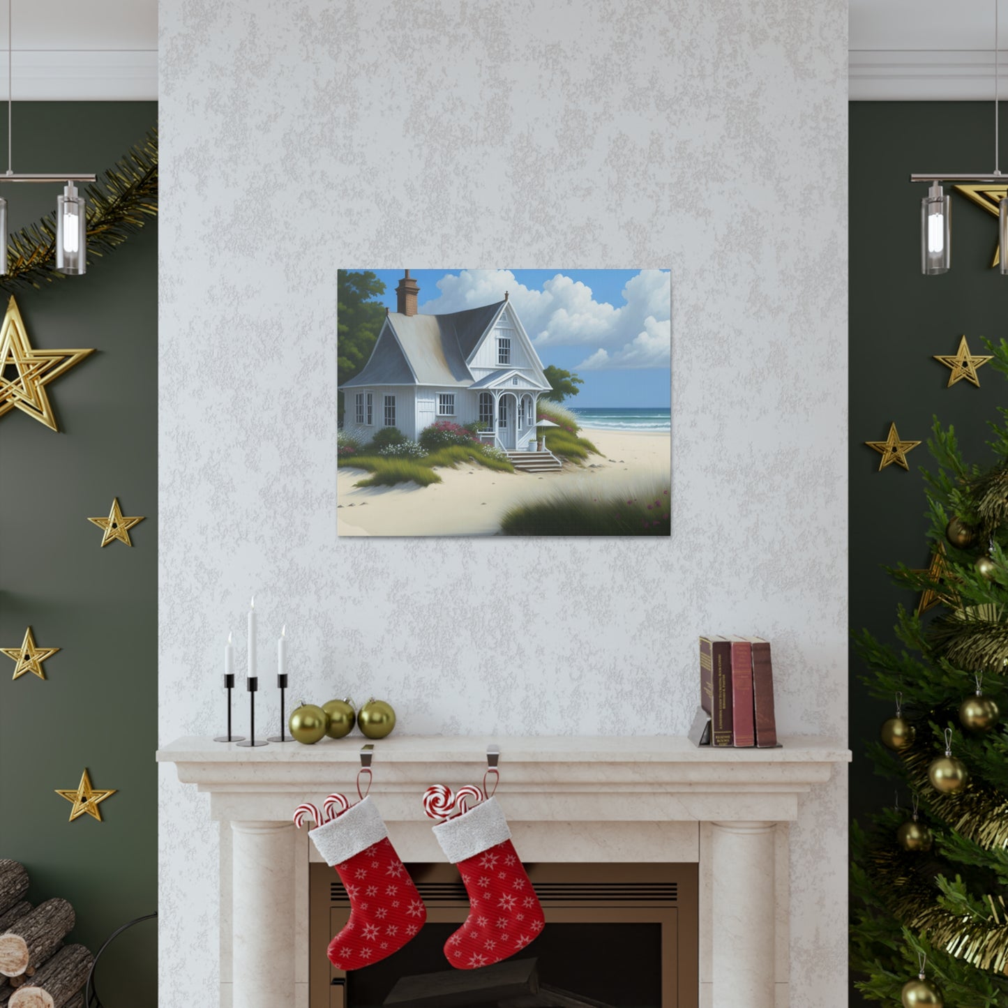 Coastal Retreat: Beach Cottage Canvas Wrap, Idyllic Coastal Landscapes, Serene Ocean Views, and Beachside Escapes, Sand Beaches.