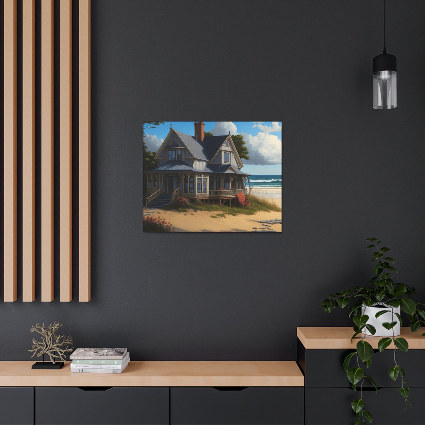 Coastal Retreat: Beach Cottage Canvas Wrap, Idyllic Coastal Landscapes, Serene Ocean Views, and Beachside Escapes, Sand Beaches.