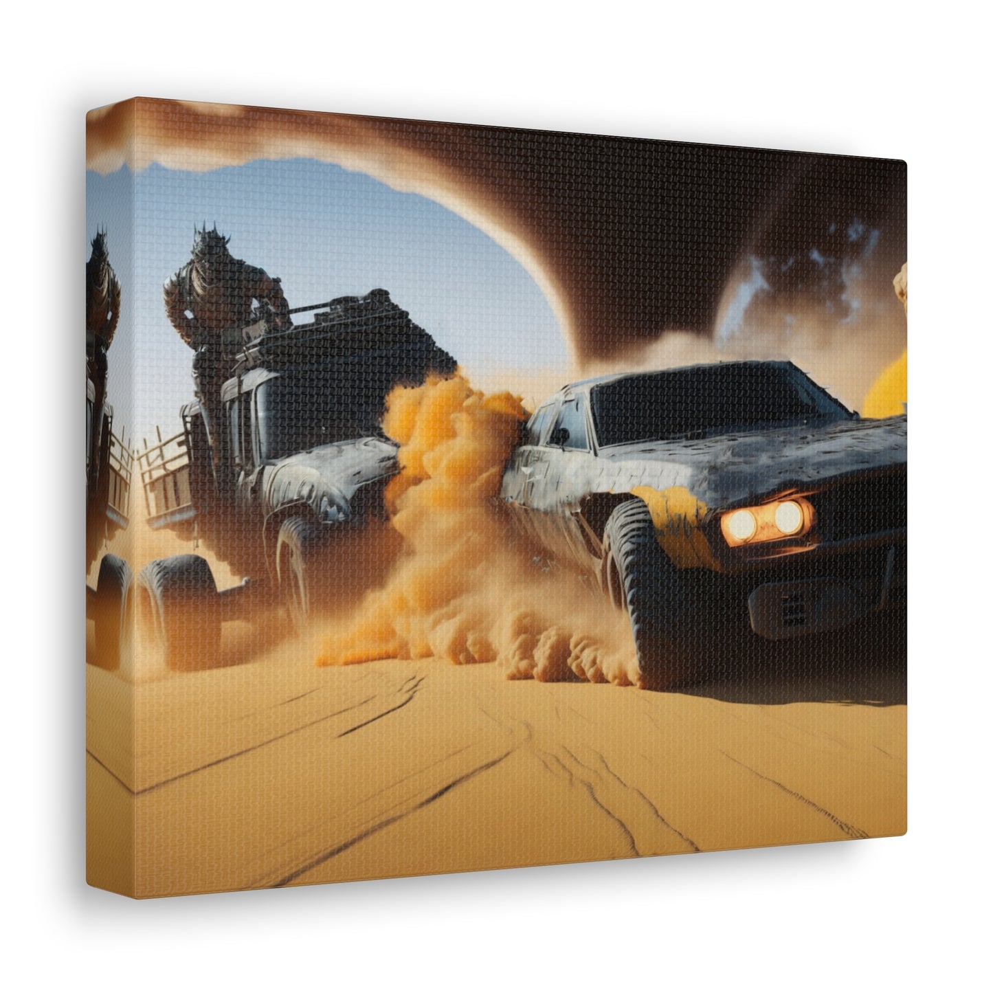 Apocalyptic Desert Chase Canvas Wall Art, Mad Max Style Vehicle Duel with Twister, Bold Living Room Decor, Adventure Seeker Gift