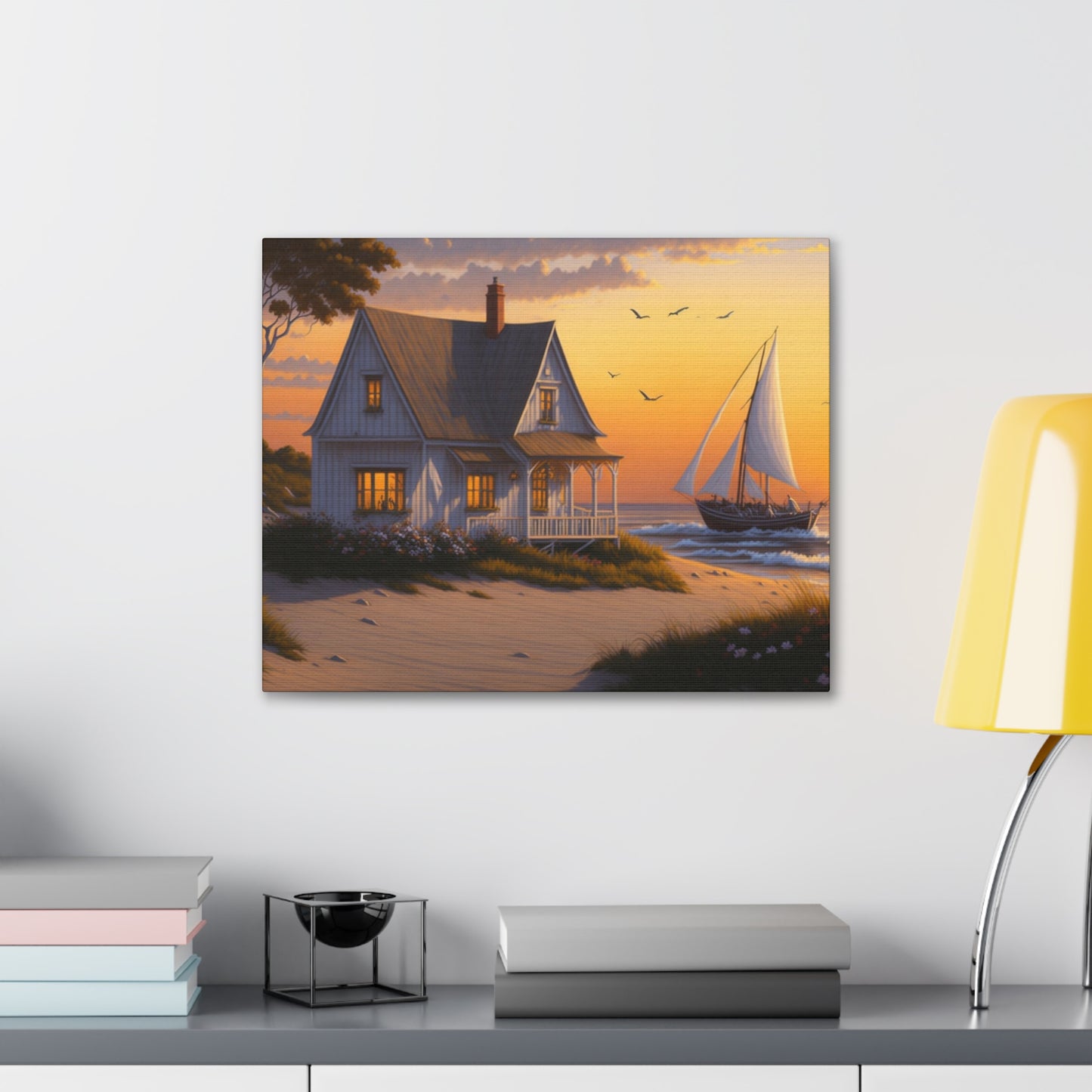 Coastal Retreat: Beach Cottage Canvas Wrap, Idyllic Coastal Landscapes, Serene Ocean Views, and Beachside Escapes, Sandy Beaches.