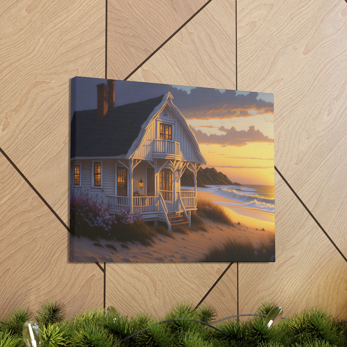 Coastal Retreat: Beach Cottage Canvas Wrap, Idyllic Coastal Landscapes, Serene Ocean Views, and Beachside Escapes, Sand Beaches.