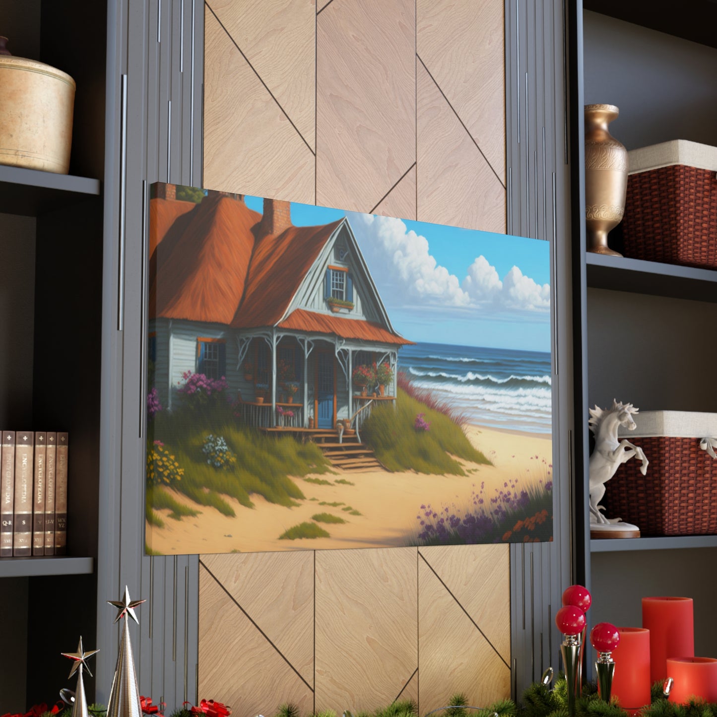 Coastal Retreat: Beach Cottage Canvas Wrap, Idyllic Coastal Landscapes, Serene Ocean Views, and Beachside Escapes, Sand Beaches.