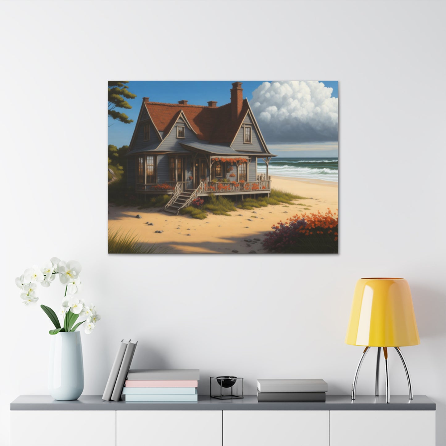 Coastal Retreat: Beach Cottage Canvas Wrap, Idyllic Coastal Landscapes, Serene Ocean Views, and Beachside Escapes, Sand Beaches.