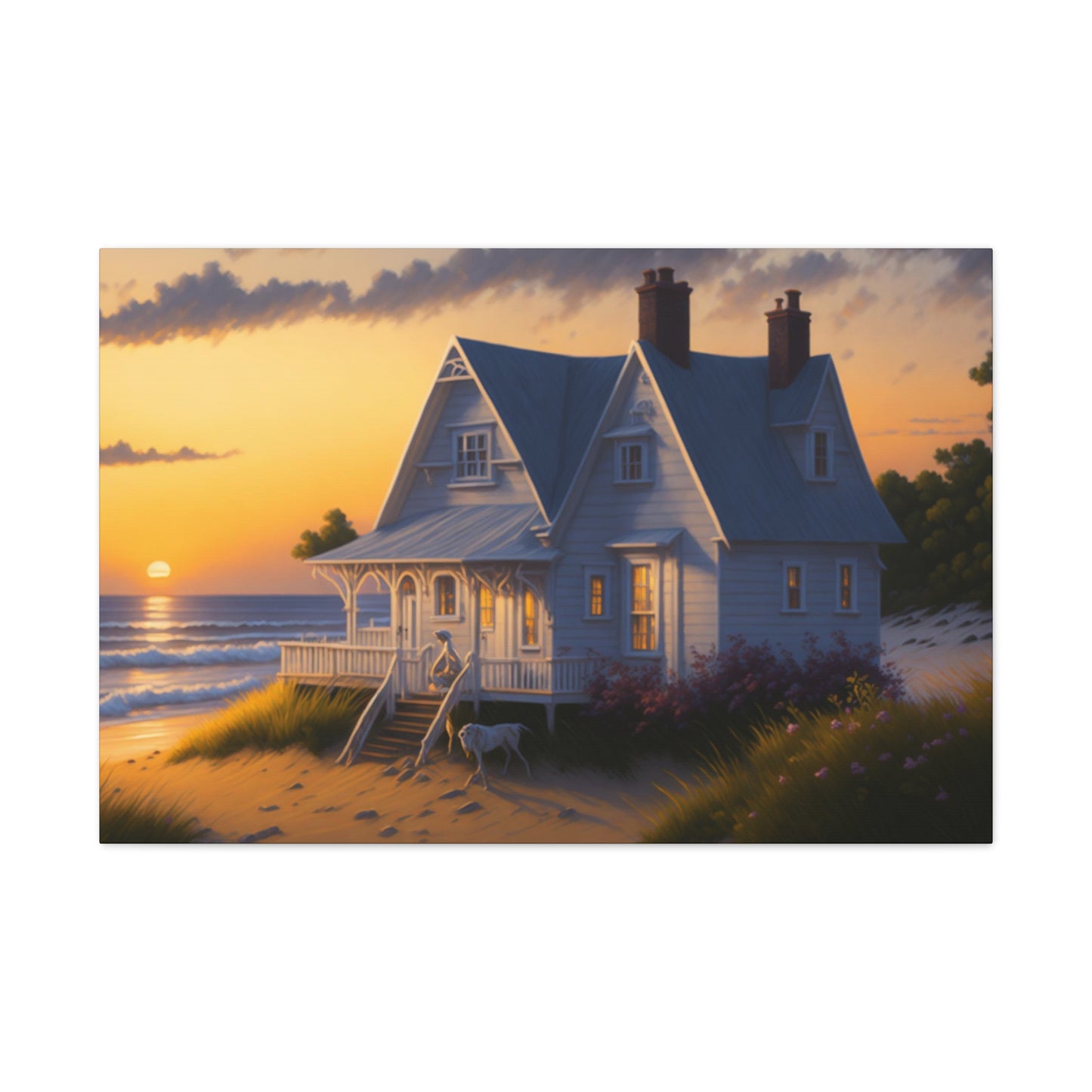 Coastal Retreat: Beach Cottage Canvas Wrap, Idyllic Coastal Landscapes, Serene Ocean Views, and Beachside Escapes, Sandy Beaches.