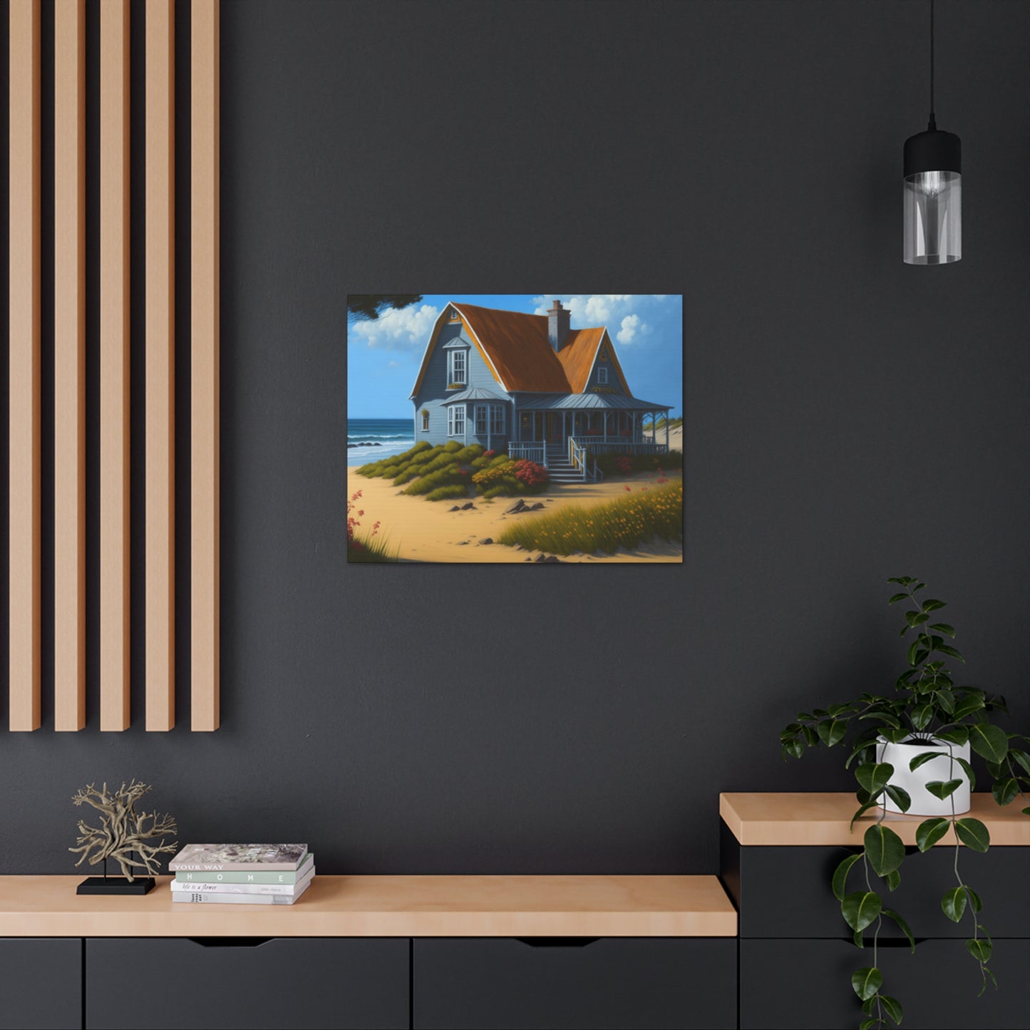 Coastal Retreat: Beach Cottage Canvas Wrap, Idyllic Coastal Landscapes, Serene Ocean Views, and Beachside Escapes, Sand Beaches.