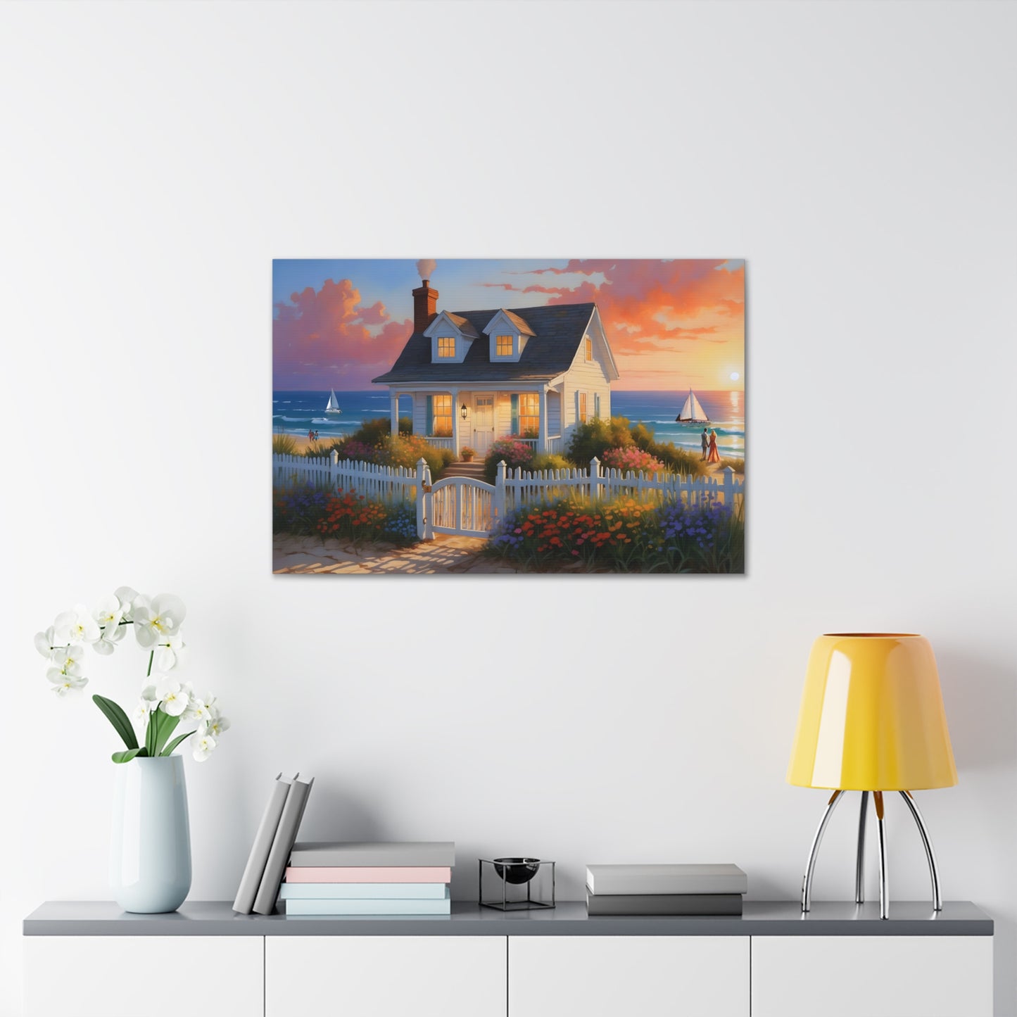 Sunset Beach Cottage Canvas Print | Coastal Wall Art | Six Sizes Available | Perfect for Home Décor | Ocean Painting | Seaside Retreat