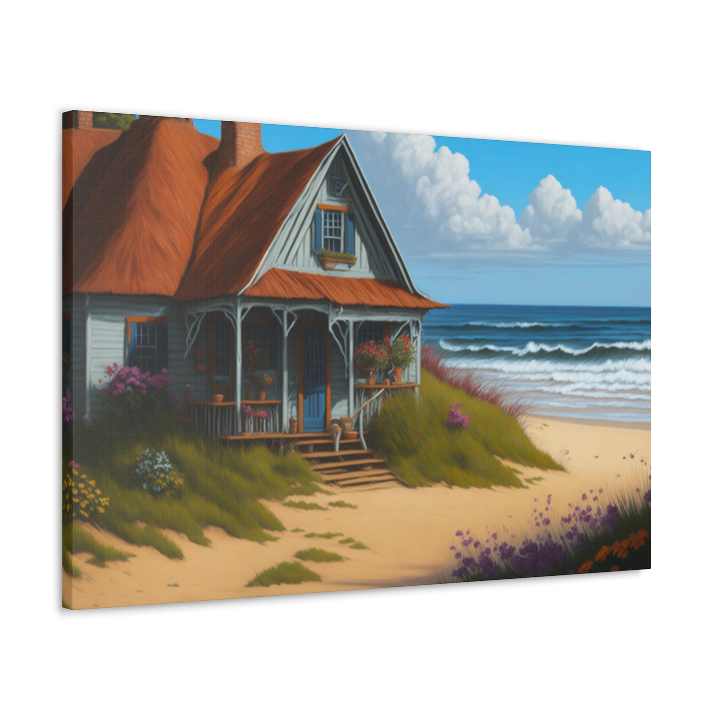 Coastal Retreat: Beach Cottage Canvas Wrap, Idyllic Coastal Landscapes, Serene Ocean Views, and Beachside Escapes, Sand Beaches.