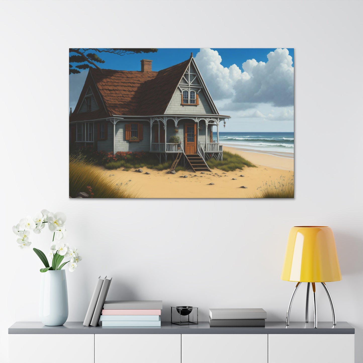 Coastal Retreat: Beach Cottage Canvas Wrap, Idyllic Coastal Landscapes, Serene Ocean Views, and Beachside Escapes, Sand Beaches.