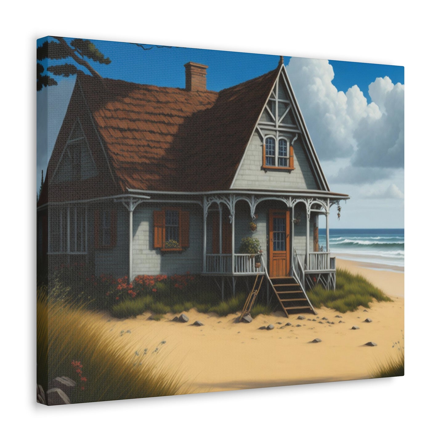 Coastal Retreat: Beach Cottage Canvas Wrap, Idyllic Coastal Landscapes, Serene Ocean Views, and Beachside Escapes, Sand Beaches.