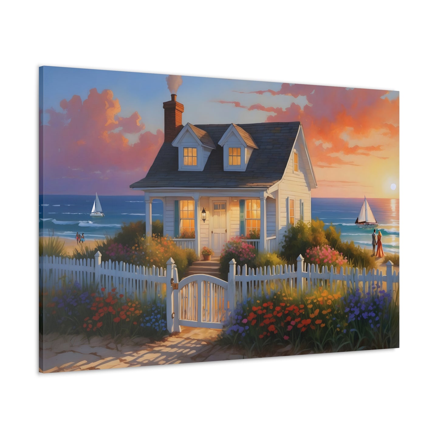 Sunset Beach Cottage Canvas Print | Coastal Wall Art | Six Sizes Available | Perfect for Home Décor | Ocean Painting | Seaside Retreat