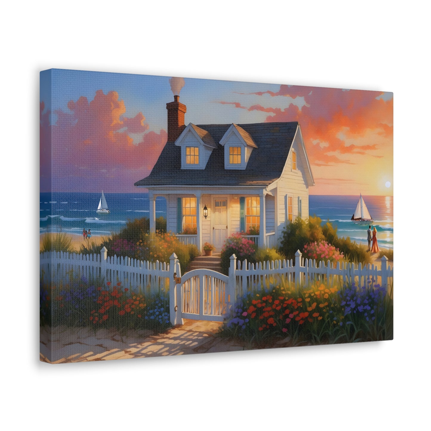 Sunset Beach Cottage Canvas Print | Coastal Wall Art | Six Sizes Available | Perfect for Home Décor | Ocean Painting | Seaside Retreat