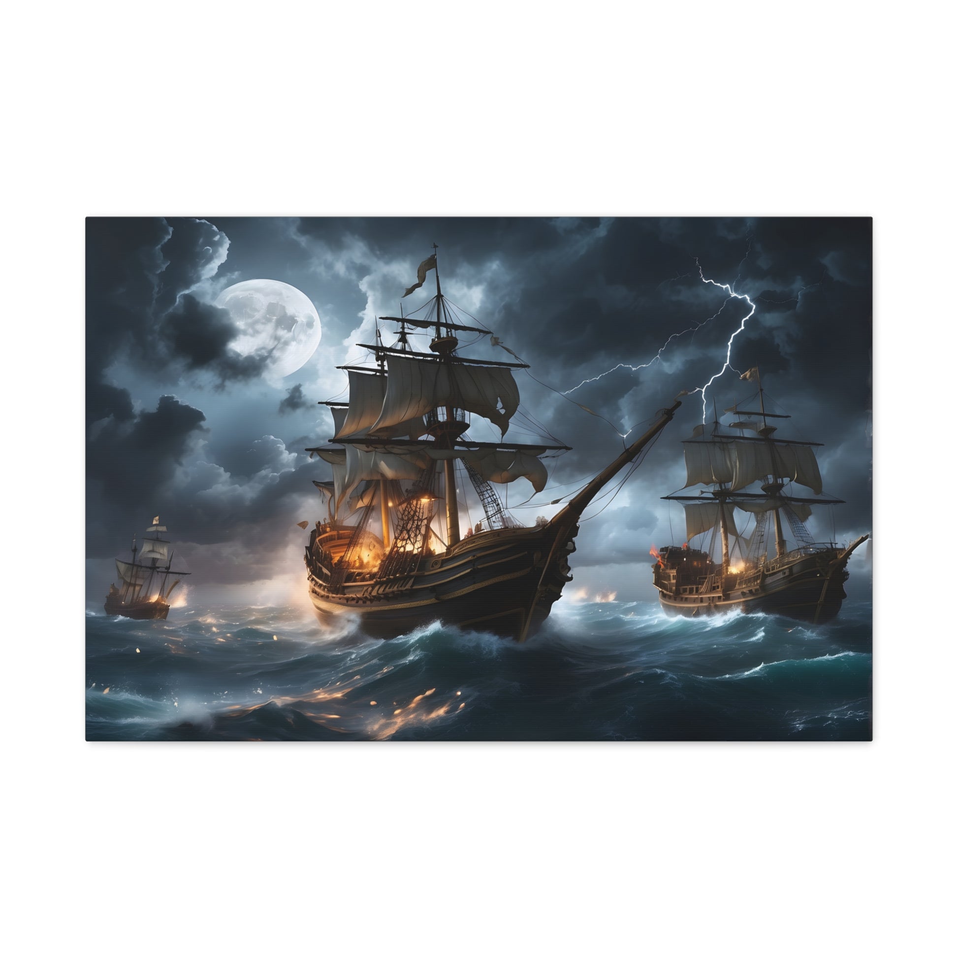 A canvas wrapped print  with the image of vintage tall ships in a battle at sea during a intense storm. 