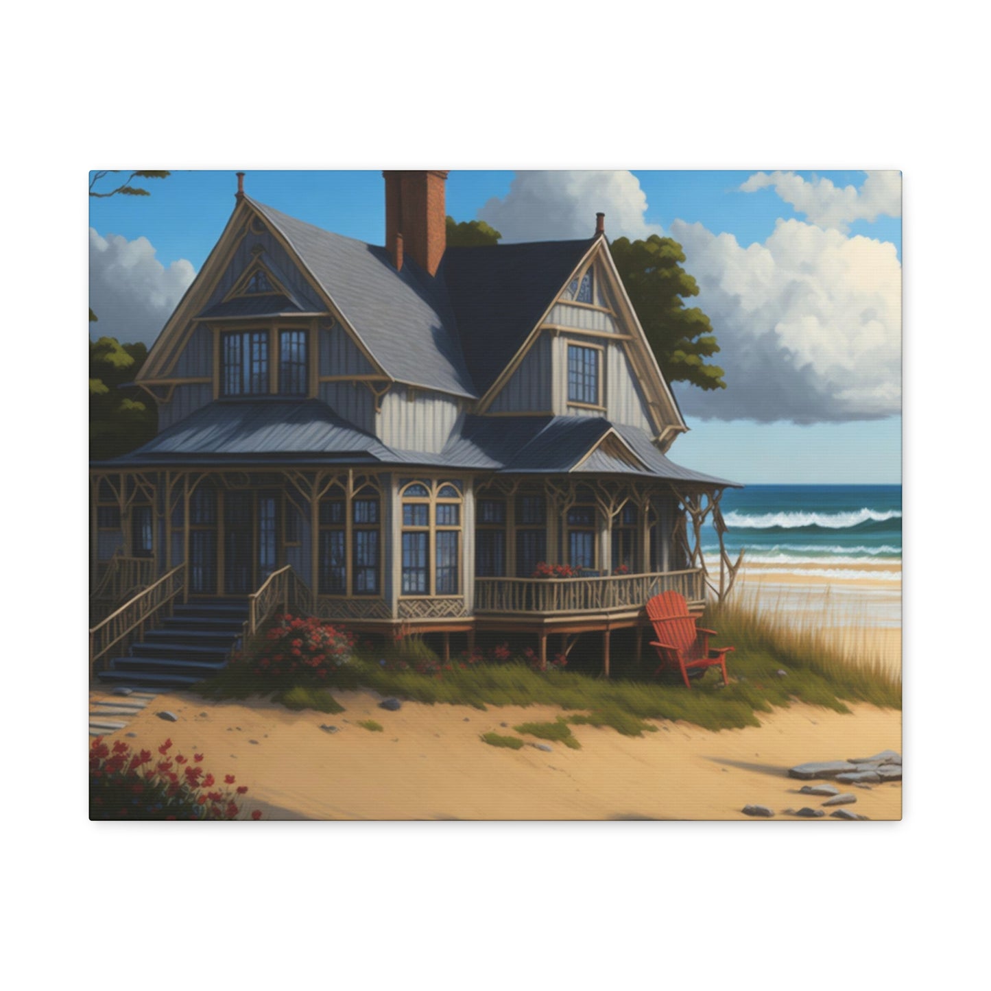 Coastal Retreat: Beach Cottage Canvas Wrap, Idyllic Coastal Landscapes, Serene Ocean Views, and Beachside Escapes, Sand Beaches.