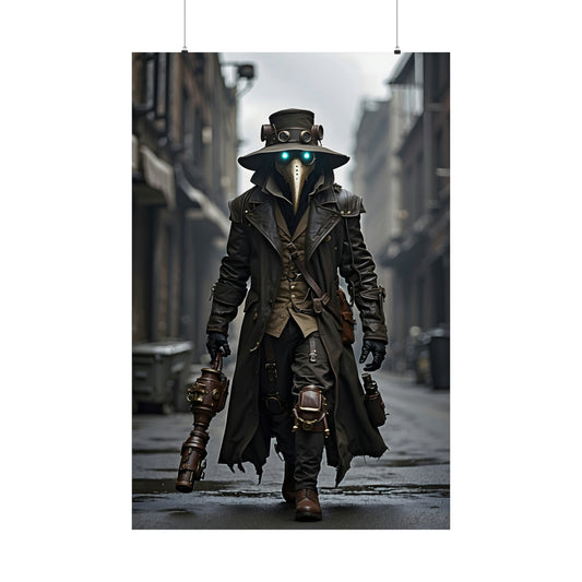 Steampunk Plague Doctor Poster, Modern Art Print with Leather Coat & Green Eyes, Gothic Wall Decor, Unique Gift for Sci-Fi Fans