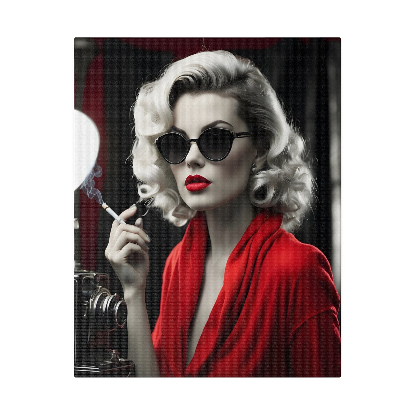 Classic Hollywood Glamour - Timeless Beauty in Red Canvas Print - Vintage-Inspired Starlet with Camera - Available from 8x10 to 32x48 inches