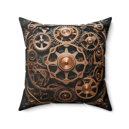Steampunk Throw Pillow - Golden Gears on Blue, Spun Square Polyester Cushion for Home Decor, Unique Gift for Sci-Fi Fans