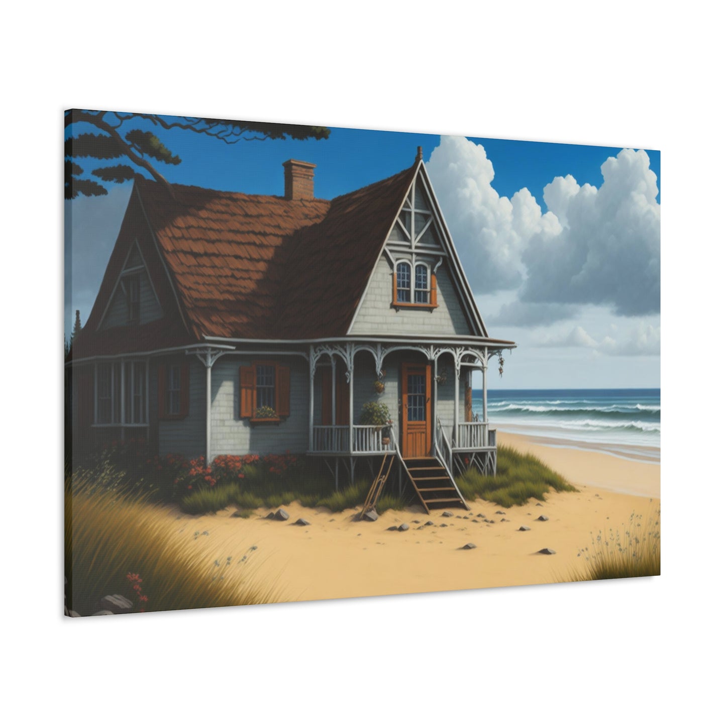 Coastal Retreat: Beach Cottage Canvas Wrap, Idyllic Coastal Landscapes, Serene Ocean Views, and Beachside Escapes, Sand Beaches.