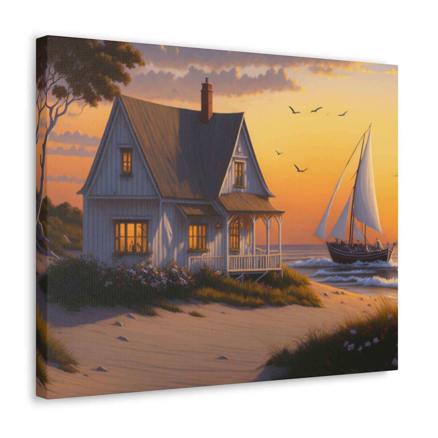 Coastal Retreat: Beach Cottage Canvas Wrap, Idyllic Coastal Landscapes, Serene Ocean Views, and Beachside Escapes, Sandy Beaches.