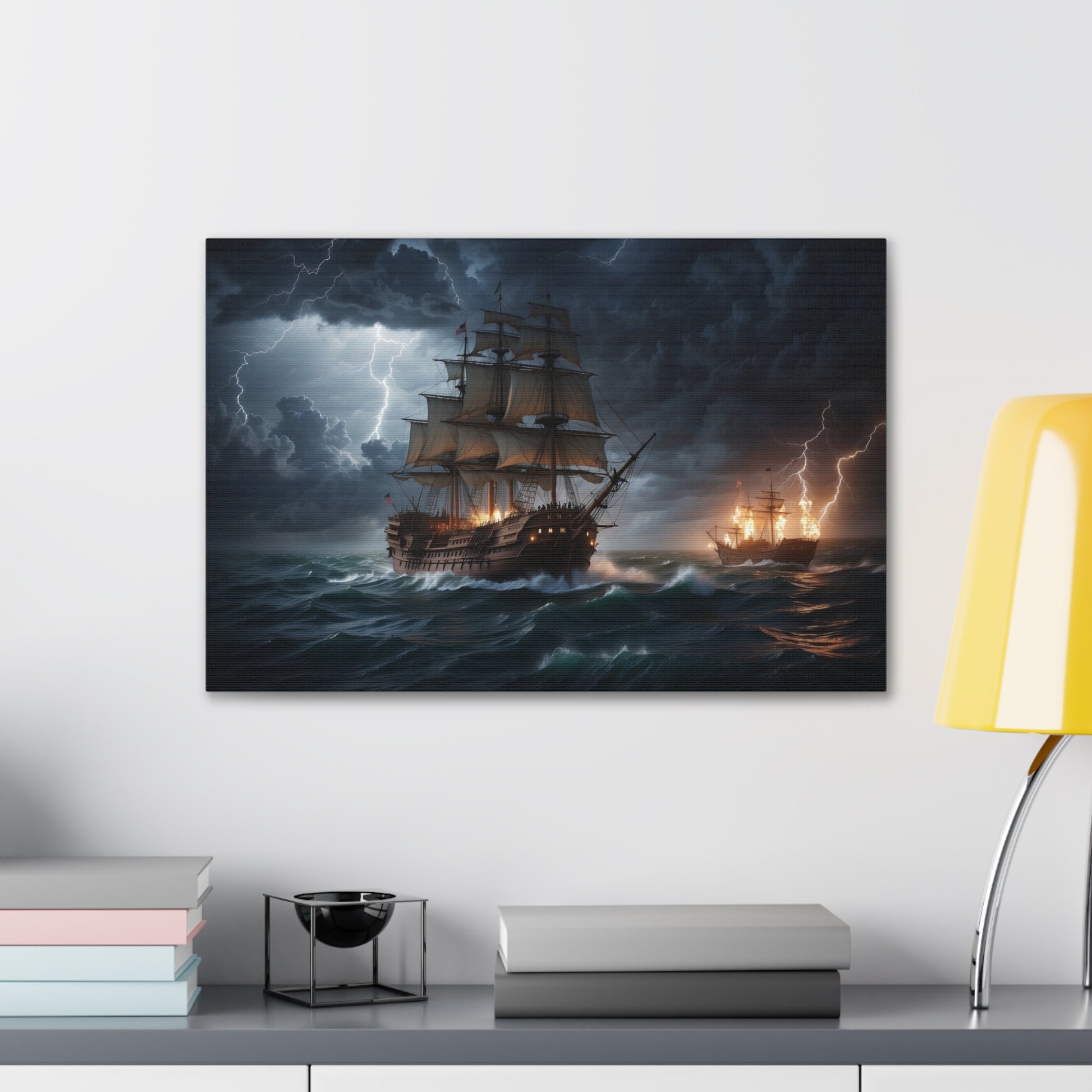 A canvas-wrapped print of a vintage tall ship at sea in battle during a storm. 