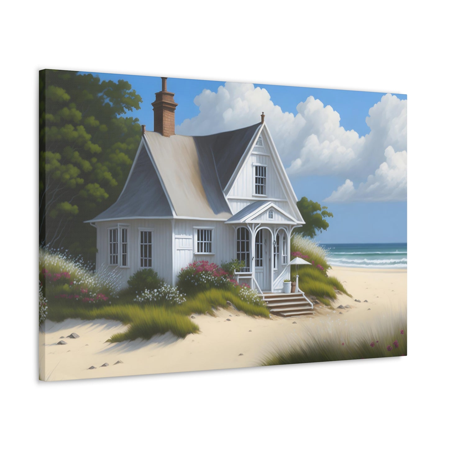 Coastal Retreat: Beach Cottage Canvas Wrap, Idyllic Coastal Landscapes, Serene Ocean Views, and Beachside Escapes, Sand Beaches.