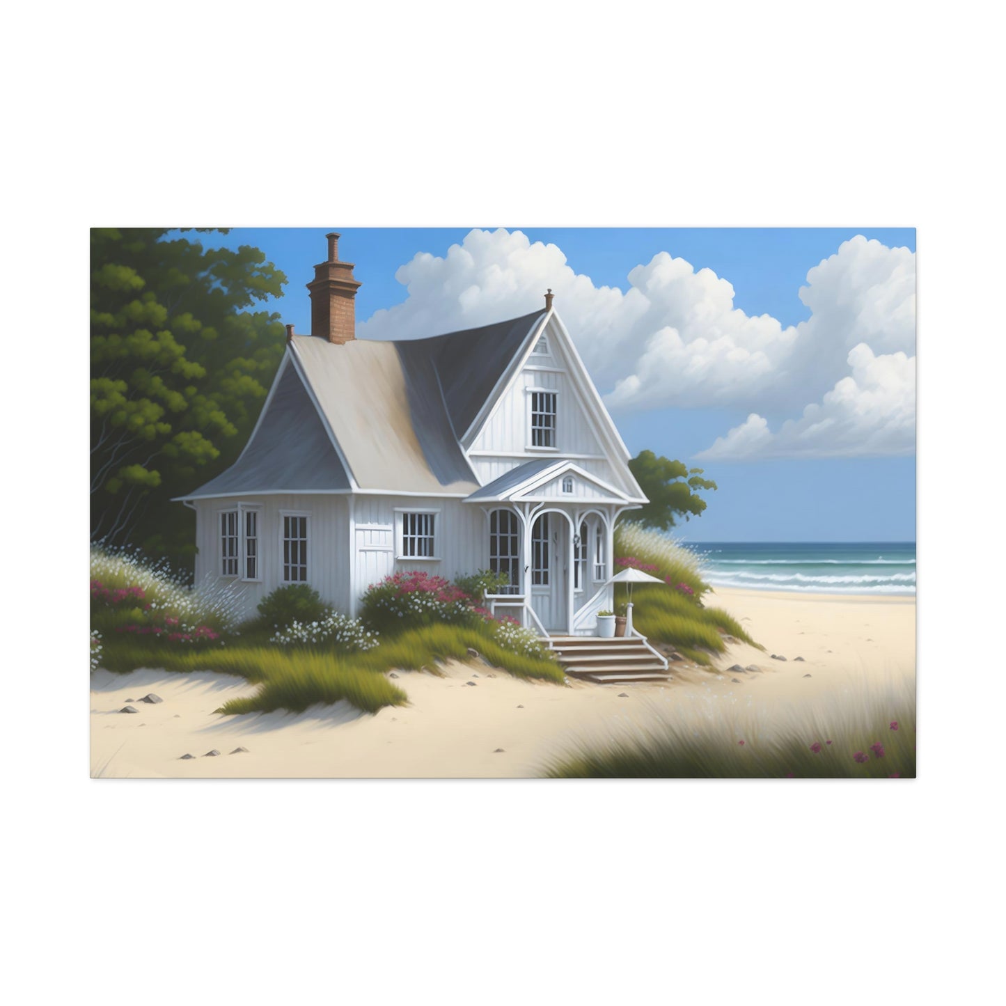 Coastal Retreat: Beach Cottage Canvas Wrap, Idyllic Coastal Landscapes, Serene Ocean Views, and Beachside Escapes, Sand Beaches.