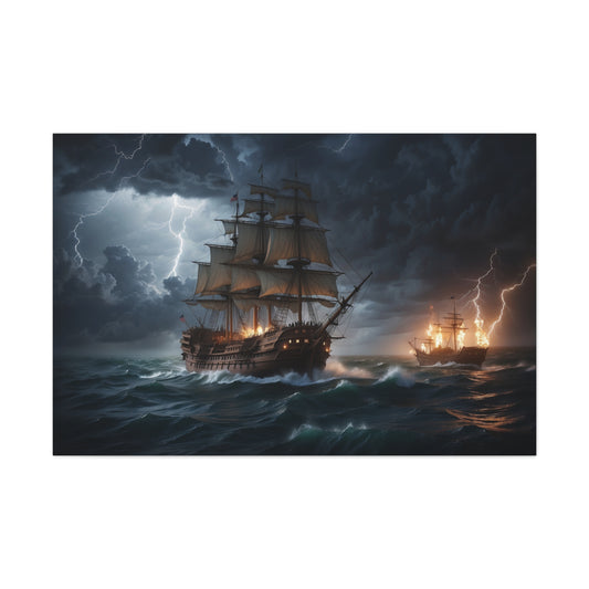 A canvas-wrapped print of a vintage tall ship at sea in battle during a storm. 