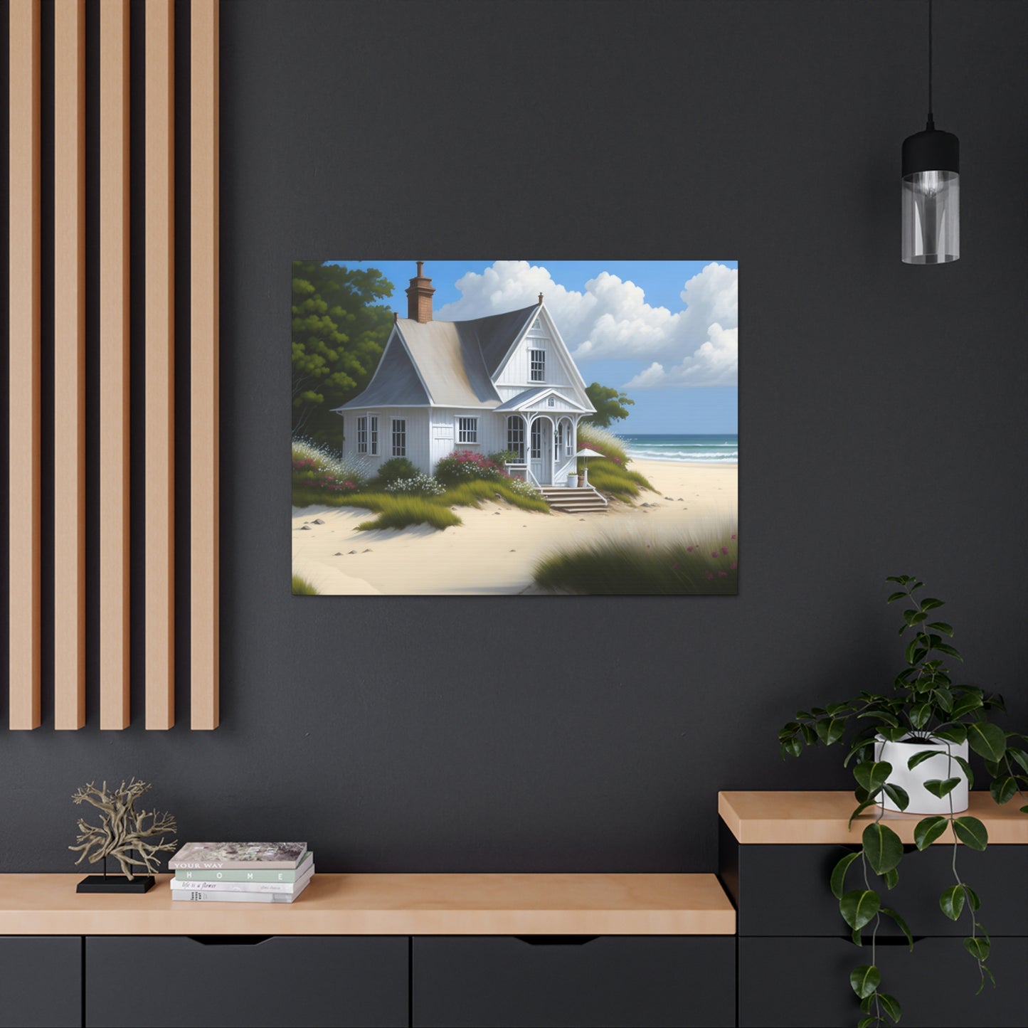 Coastal Retreat: Beach Cottage Canvas Wrap, Idyllic Coastal Landscapes, Serene Ocean Views, and Beachside Escapes, Sand Beaches.