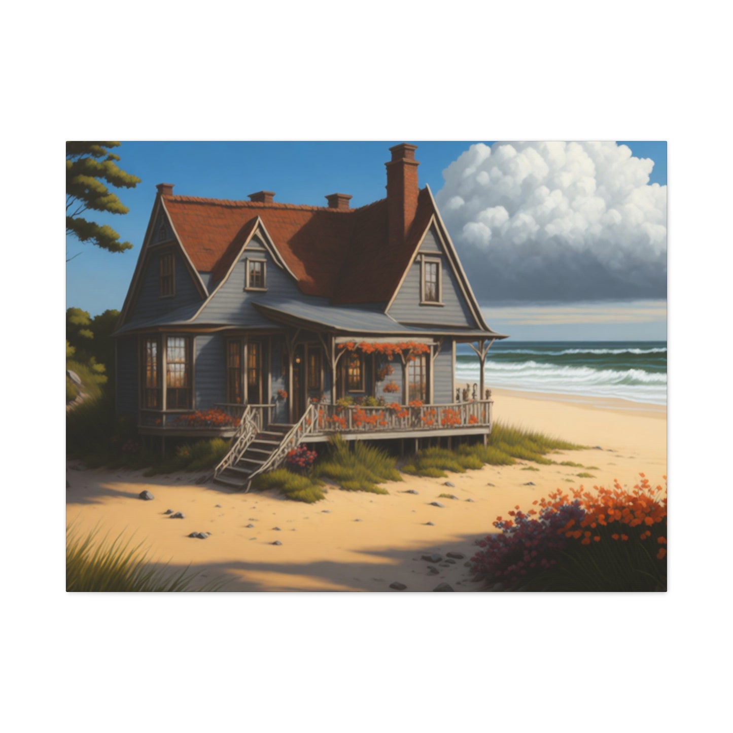 Coastal Retreat: Beach Cottage Canvas Wrap, Idyllic Coastal Landscapes, Serene Ocean Views, and Beachside Escapes, Sand Beaches.