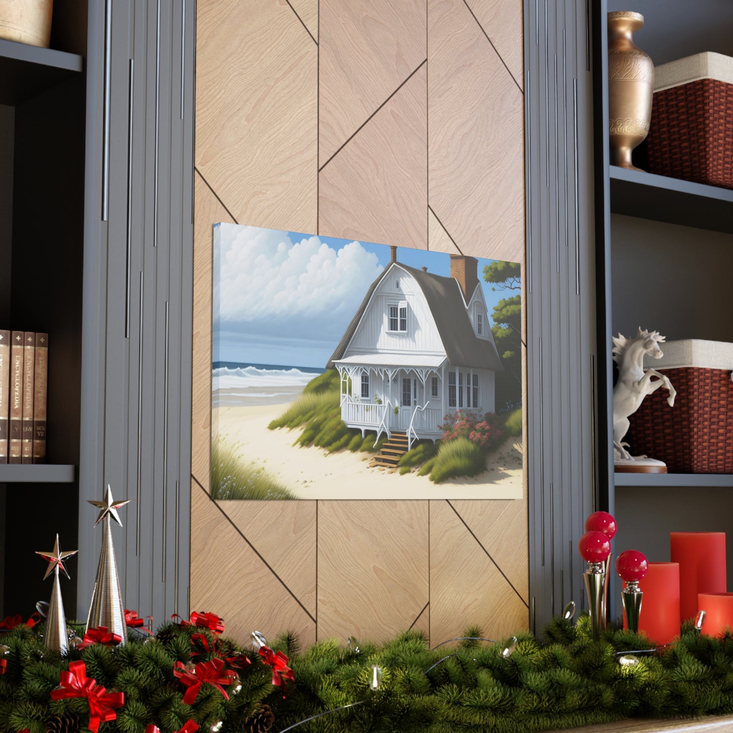 Coastal Retreat: Beach Cottage Canvas Wrap, Idyllic Coastal Landscapes, Serene Ocean Views, and Beachside Escapes.