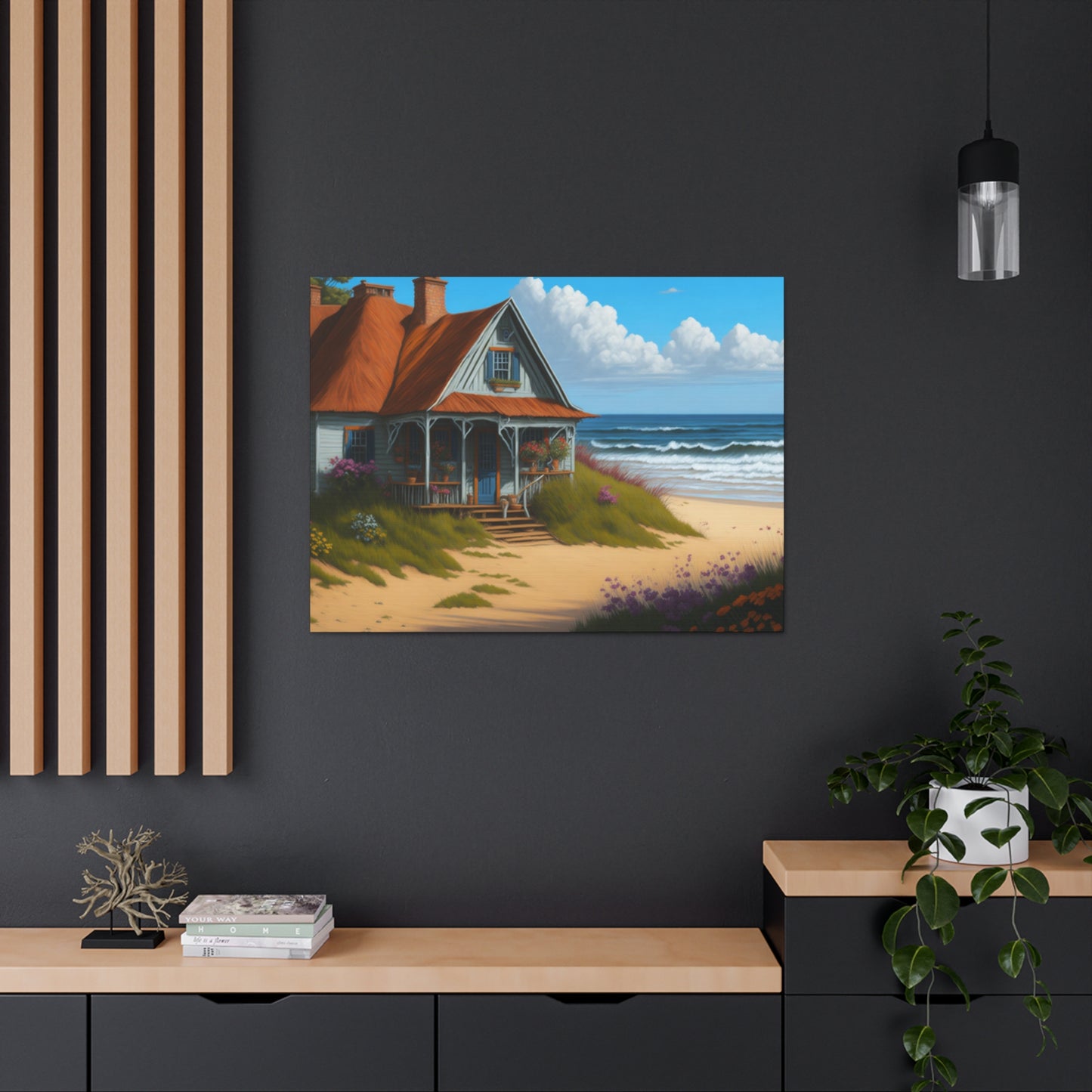 Coastal Retreat: Beach Cottage Canvas Wrap, Idyllic Coastal Landscapes, Serene Ocean Views, and Beachside Escapes, Sand Beaches.