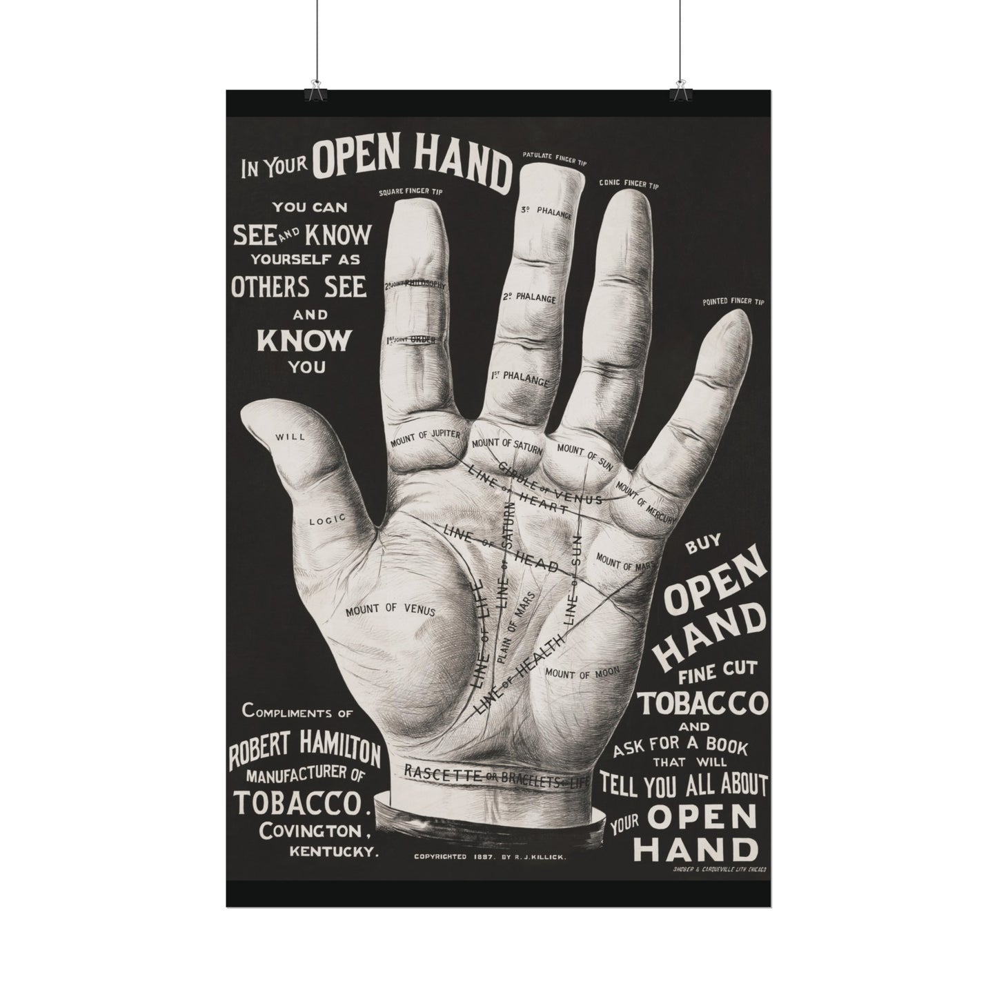 Vintage Palmistry Hand Poster | Open Hand Fine Cut Tobacco | Five Sizes Available | Retro Wall Art | Occult Décor | 1887 Advertisement