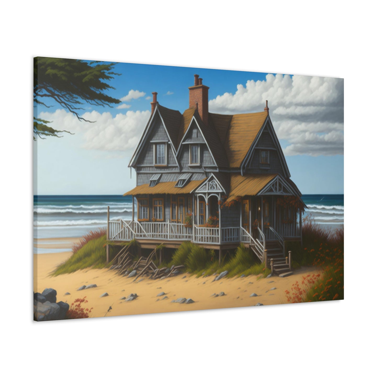 Coastal Retreat: Beach Cottage Canvas Wrap, Idyllic Coastal Landscapes, Serene Ocean Views, and Beachside Escapes, Sand Beaches.