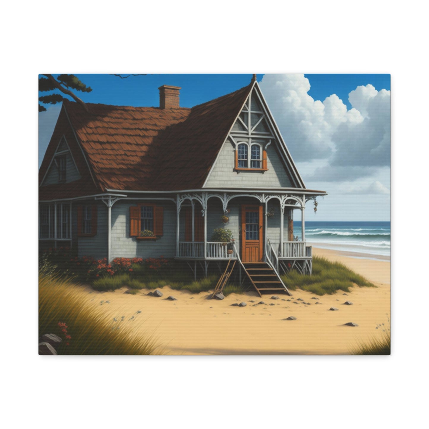 Coastal Retreat: Beach Cottage Canvas Wrap, Idyllic Coastal Landscapes, Serene Ocean Views, and Beachside Escapes, Sand Beaches.