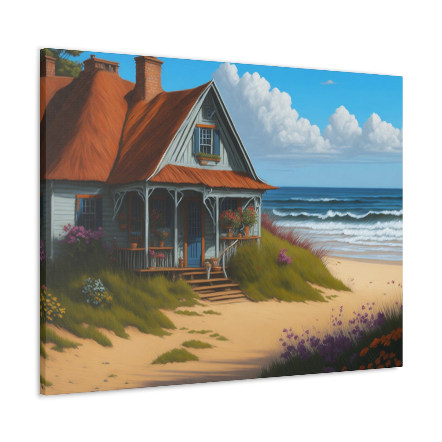 Coastal Retreat: Beach Cottage Canvas Wrap, Idyllic Coastal Landscapes, Serene Ocean Views, and Beachside Escapes, Sand Beaches.