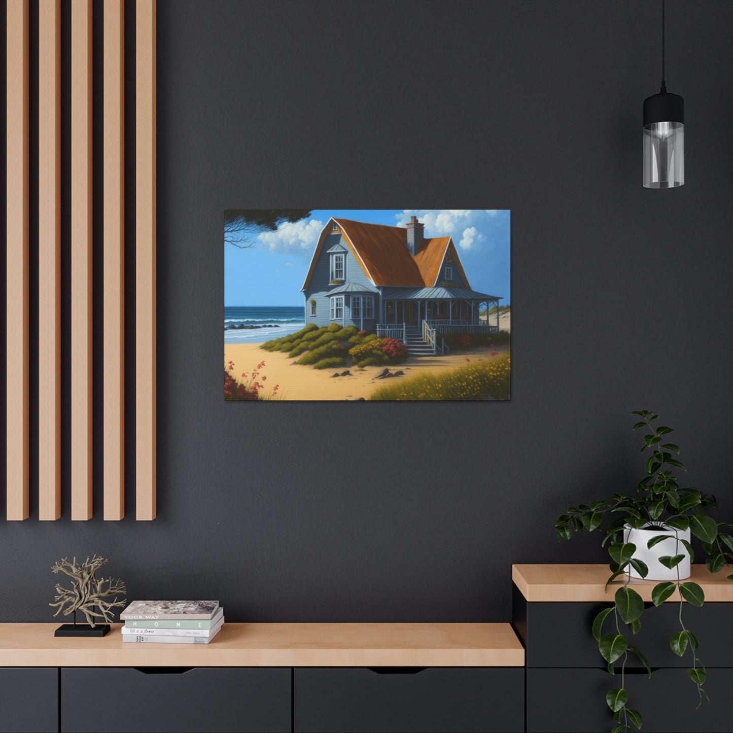 Coastal Retreat: Beach Cottage Canvas Wrap, Idyllic Coastal Landscapes, Serene Ocean Views, and Beachside Escapes, Sand Beaches.