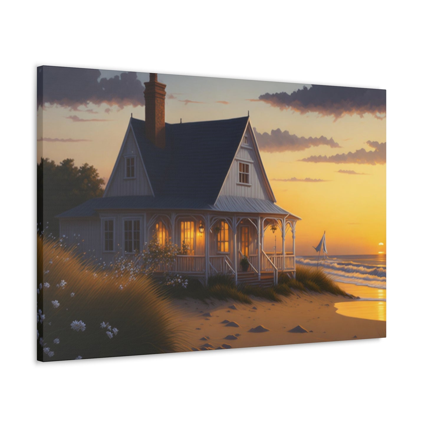 Coastal Retreat: Beach Cottage Canvas Wrap, Idyllic Coastal Landscapes, Serene Ocean Views, and Beachside Escapes, Sand Beaches.