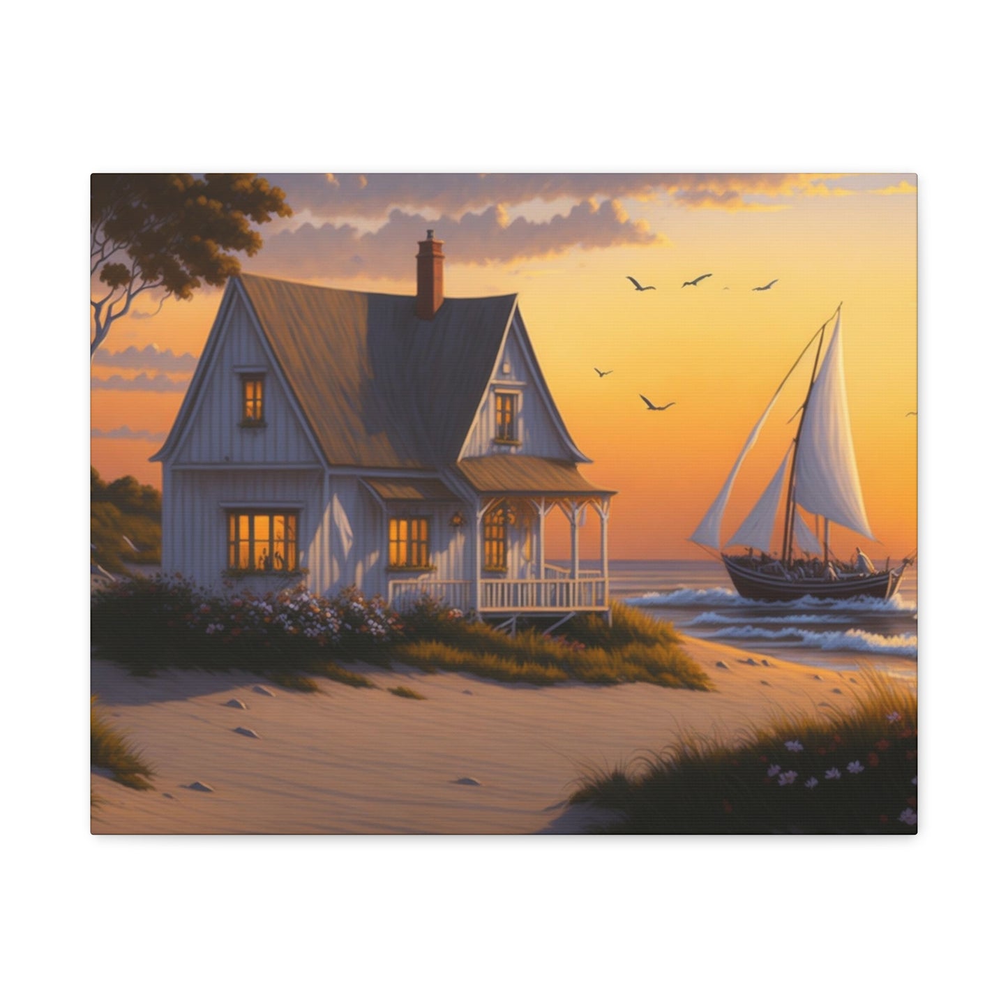 Coastal Retreat: Beach Cottage Canvas Wrap, Idyllic Coastal Landscapes, Serene Ocean Views, and Beachside Escapes, Sandy Beaches.