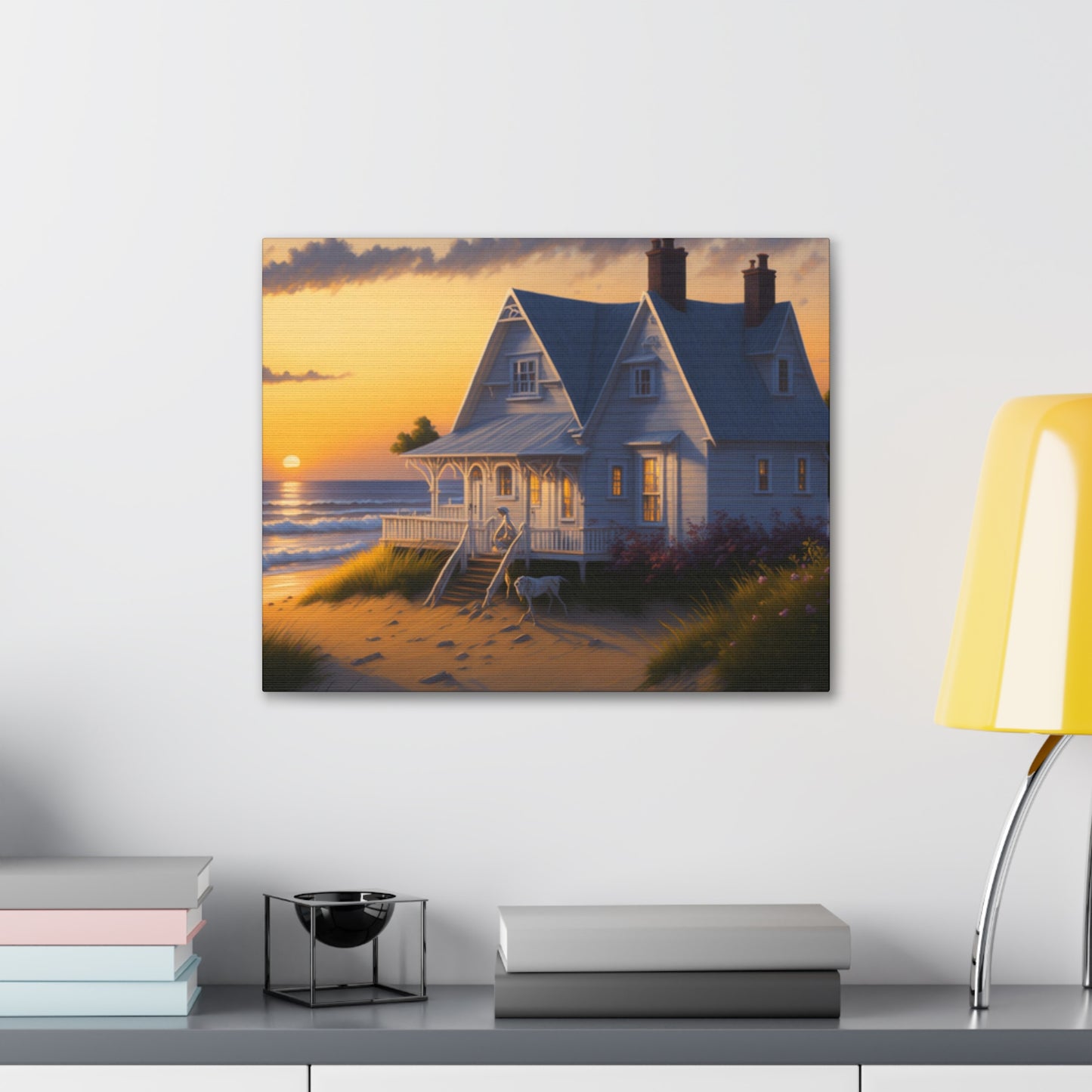 Coastal Retreat: Beach Cottage Canvas Wrap, Idyllic Coastal Landscapes, Serene Ocean Views, and Beachside Escapes, Sandy Beaches.