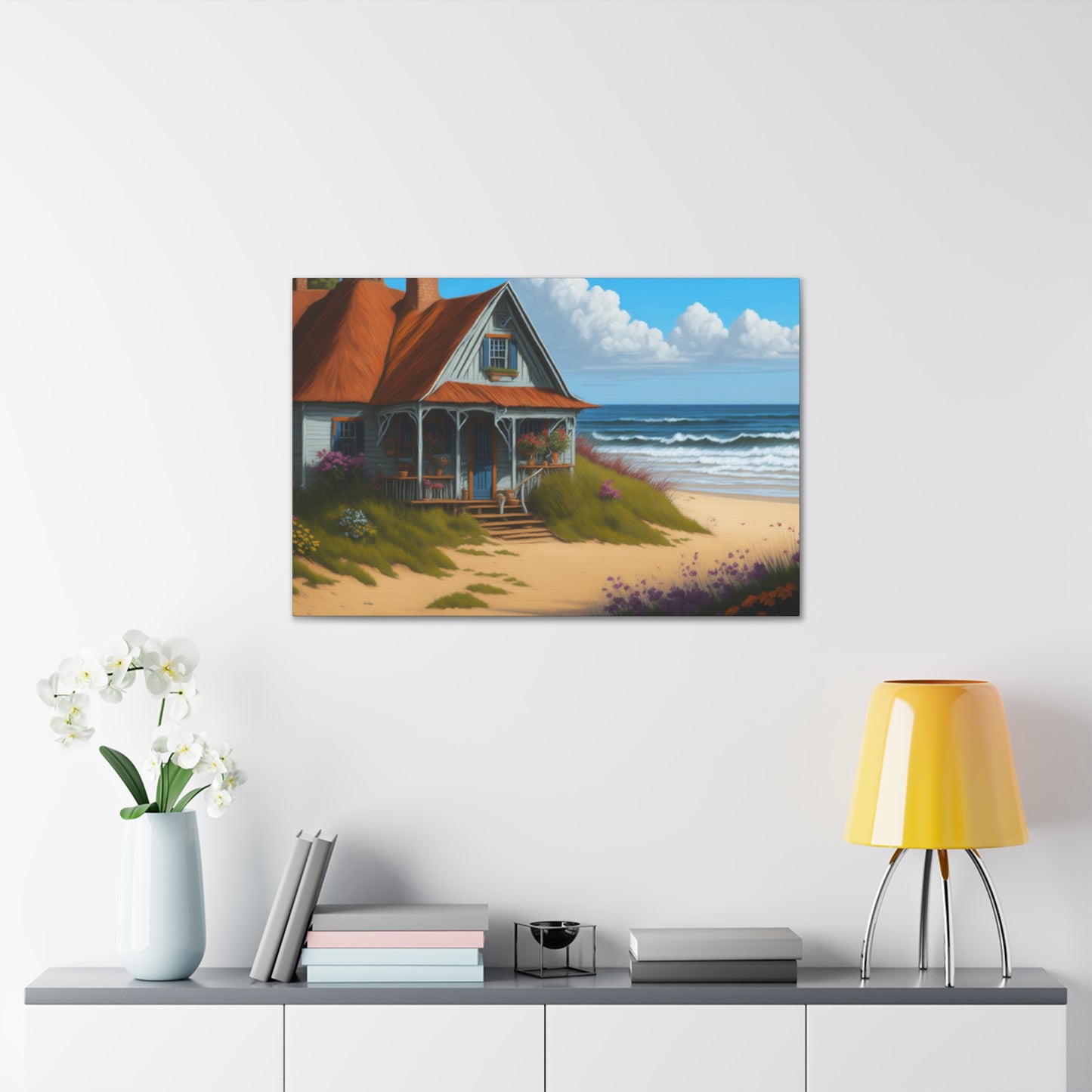 Coastal Retreat: Beach Cottage Canvas Wrap, Idyllic Coastal Landscapes, Serene Ocean Views, and Beachside Escapes, Sand Beaches.